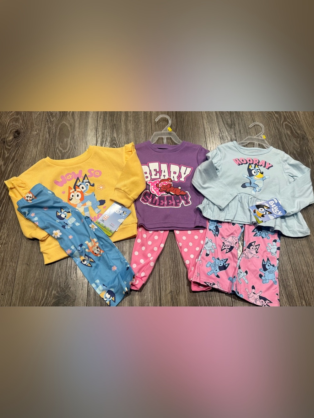 NWT Kids Purple "Beary Sleepy" Pajama Set with Pink Polka Dot Pants